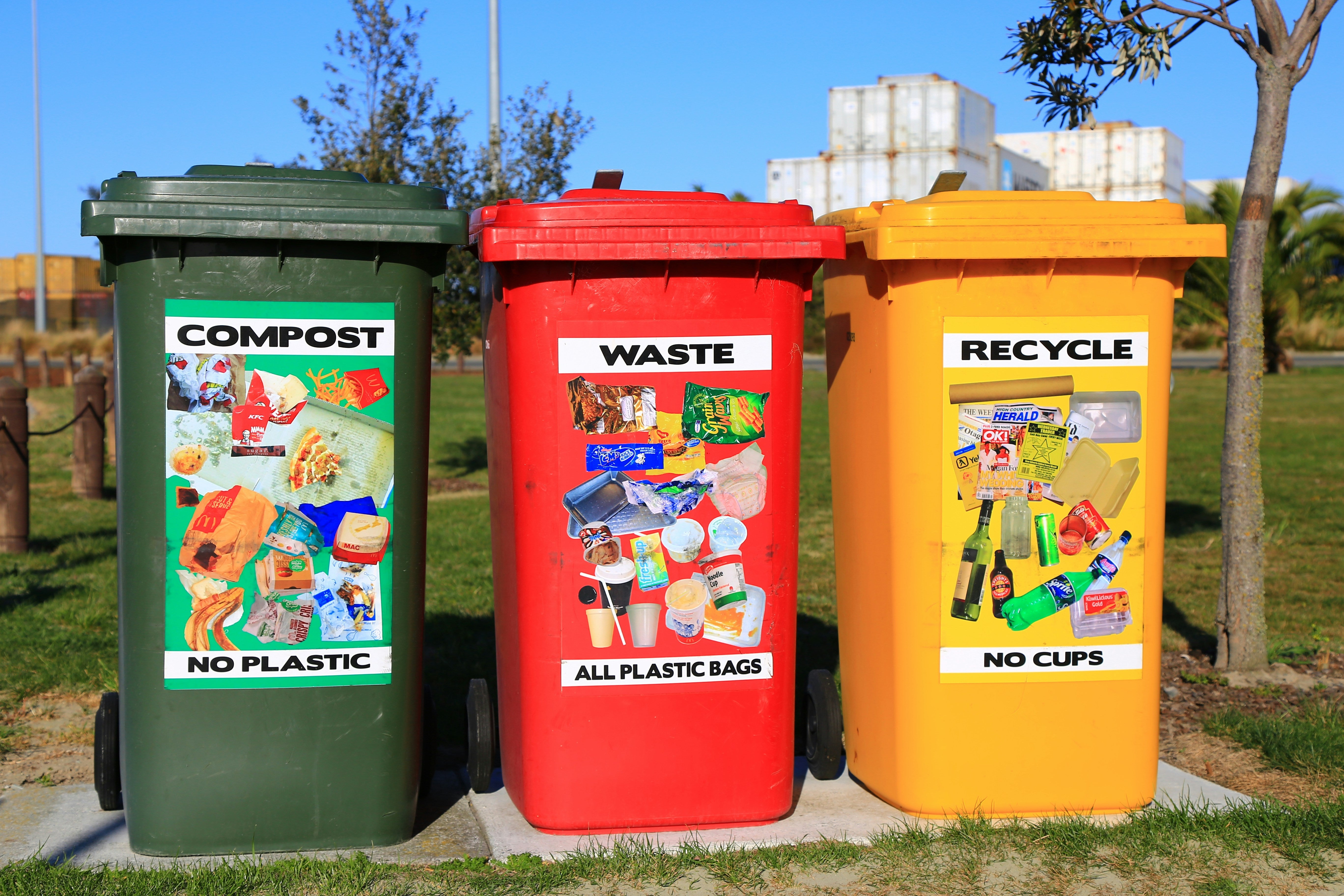Waste bins for compost, trash and recycling