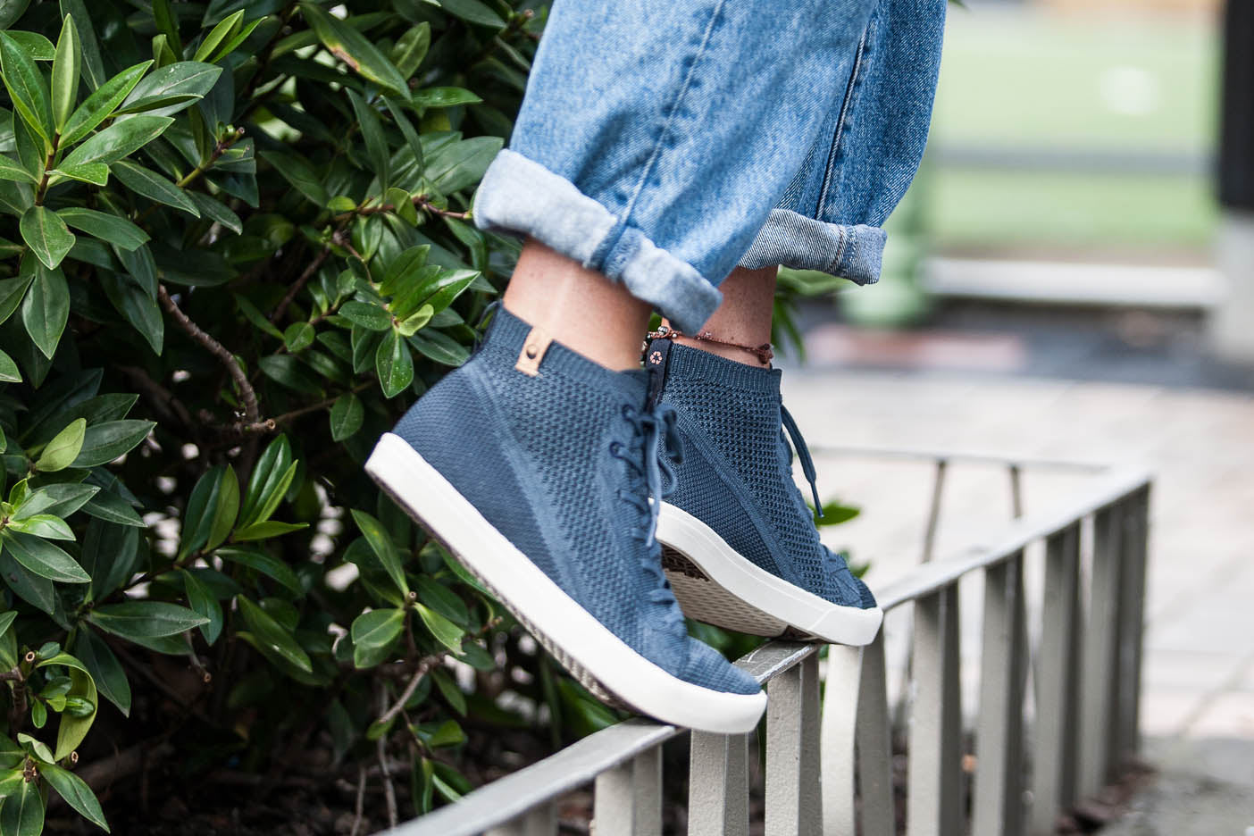 women's navy shoes worn form right side