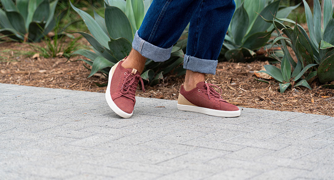 men's burgundy shoes worn from right side