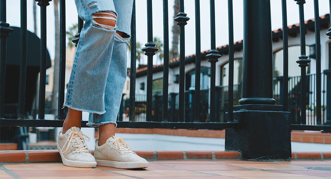 women's sand colour shoes worn from front