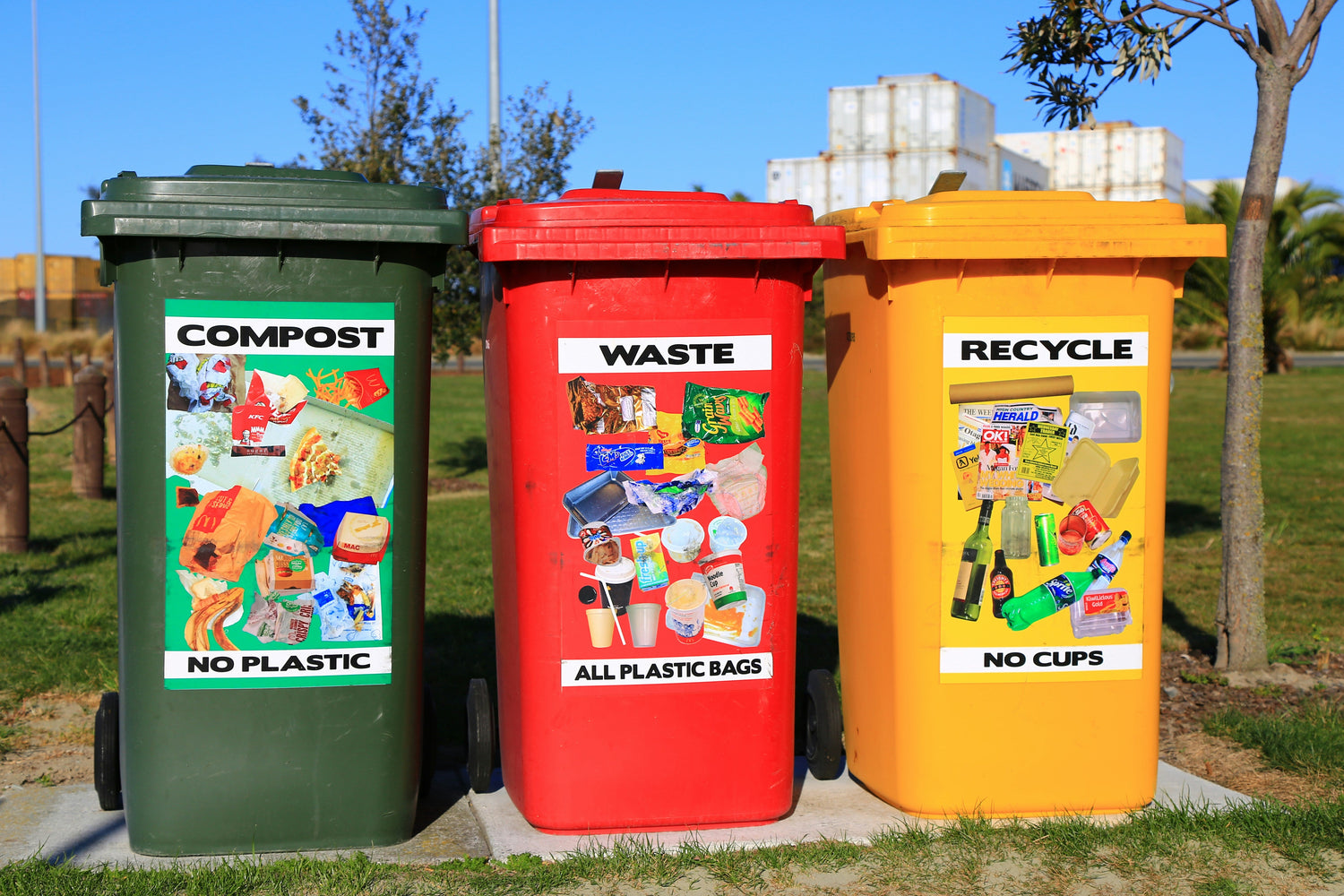 Waste bins for compost, trash and recycling